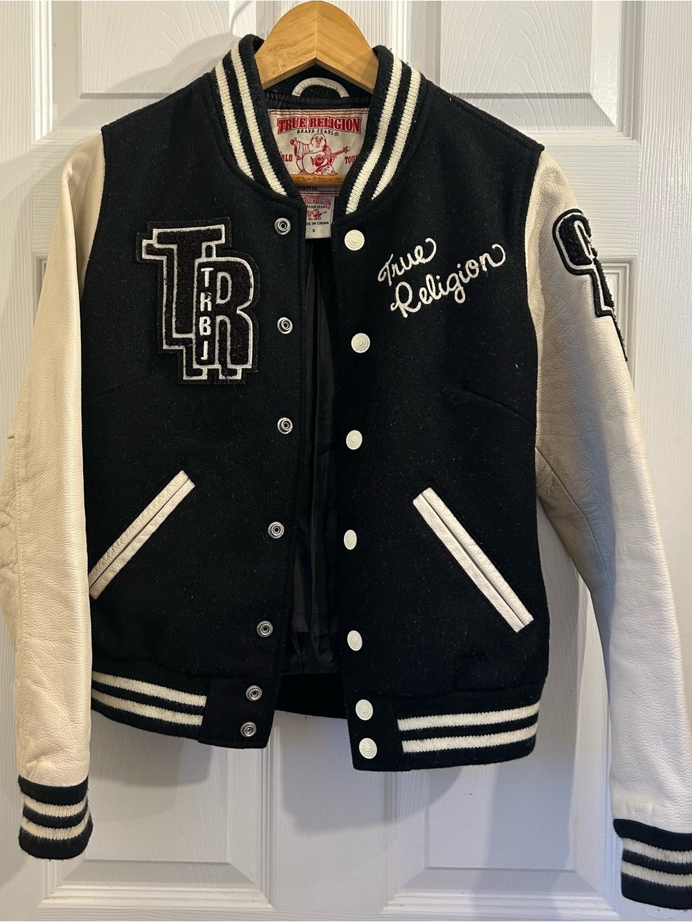 True Religion Varsity Letterman Jacket Black Cream Leather Sleeves Embroidered S